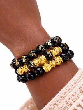 Black and Gold Feng Shui Pixiu Bracelet Set Wealth Protection Abundance